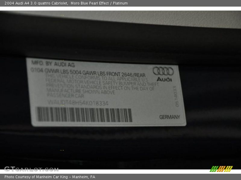 Moro Blue Pearl Effect / Platinum 2004 Audi A4 3.0 quattro Cabriolet