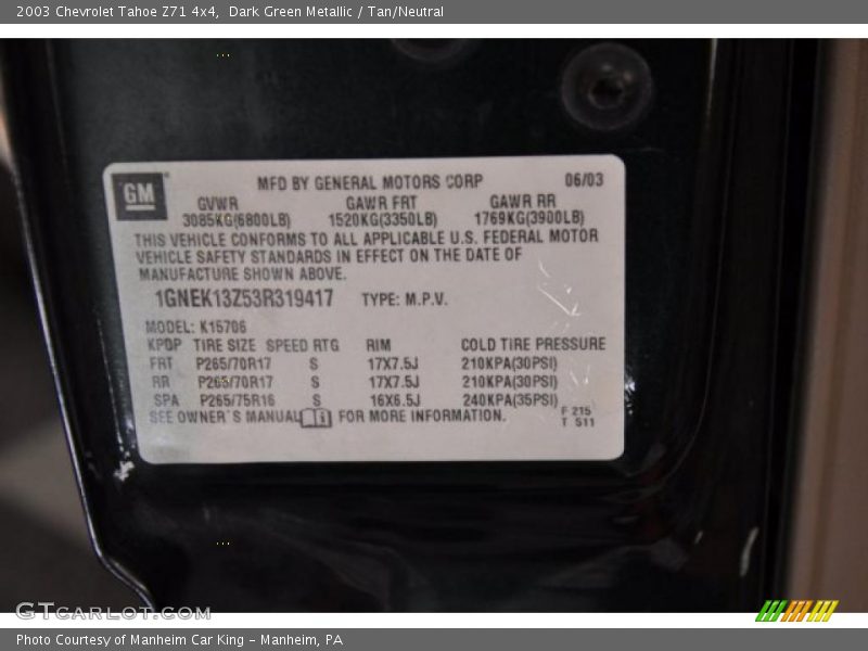 Dark Green Metallic / Tan/Neutral 2003 Chevrolet Tahoe Z71 4x4