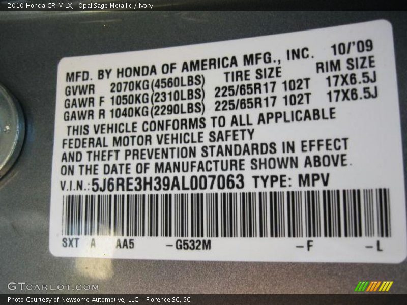 Opal Sage Metallic / Ivory 2010 Honda CR-V LX