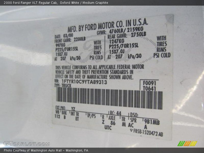 2000 Ranger XLT Regular Cab Oxford White Color Code YZ