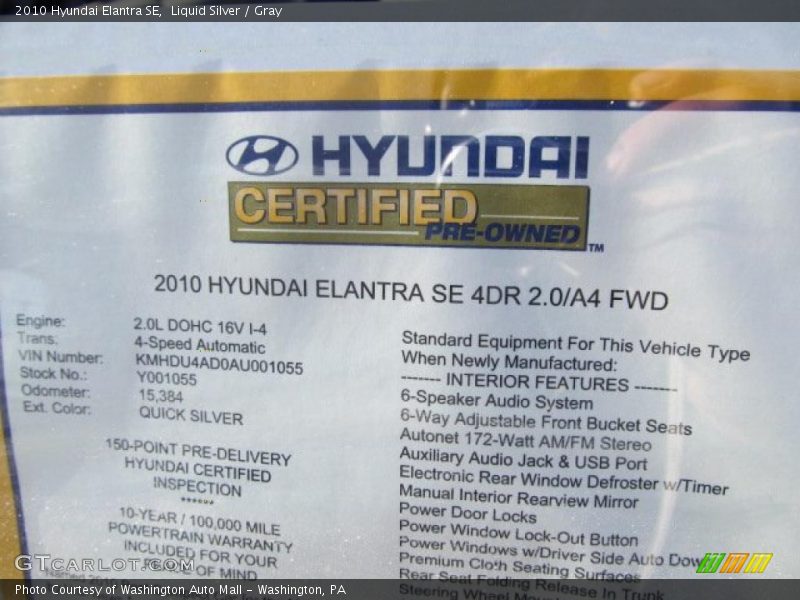 Liquid Silver / Gray 2010 Hyundai Elantra SE