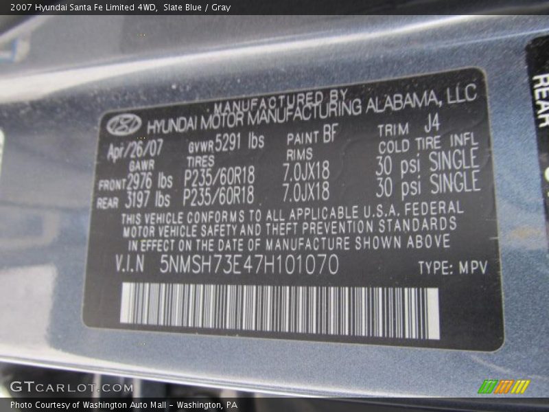 2007 Santa Fe Limited 4WD Slate Blue Color Code BF