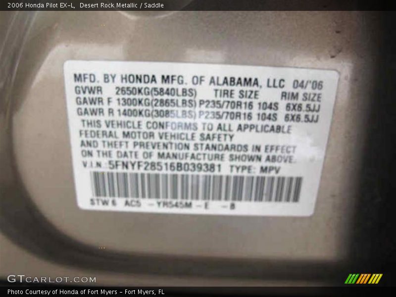 Desert Rock Metallic / Saddle 2006 Honda Pilot EX-L