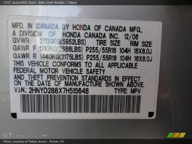 Billet Silver Metallic / Taupe 2007 Acura MDX Sport