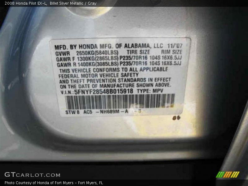 Billet Silver Metallic / Gray 2008 Honda Pilot EX-L