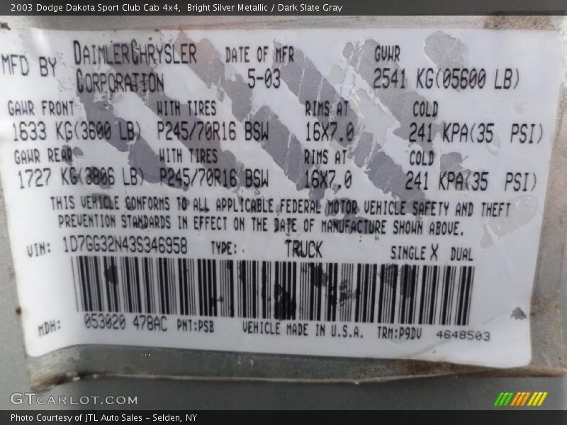 2003 Dakota Sport Club Cab 4x4 Bright Silver Metallic Color Code PSB