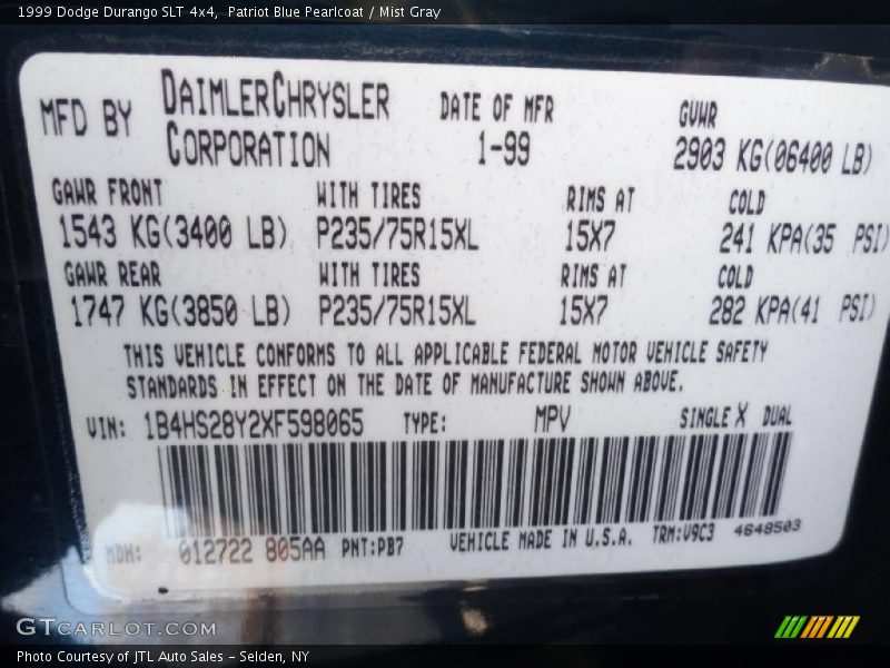 Patriot Blue Pearlcoat / Mist Gray 1999 Dodge Durango SLT 4x4