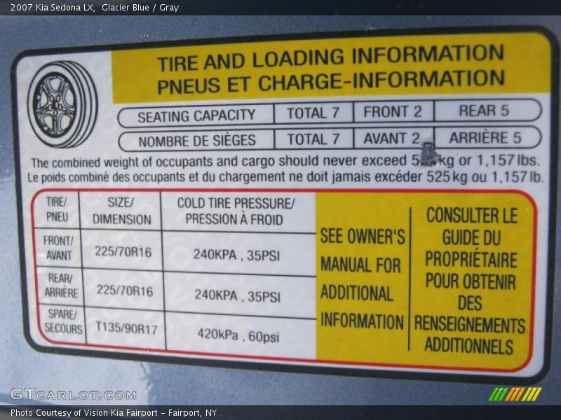 Info Tag of 2007 Sedona LX