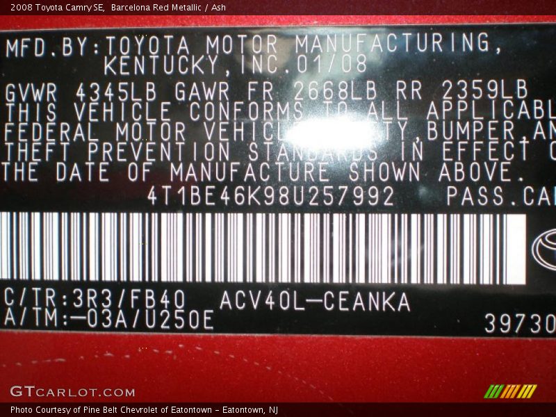 Barcelona Red Metallic / Ash 2008 Toyota Camry SE