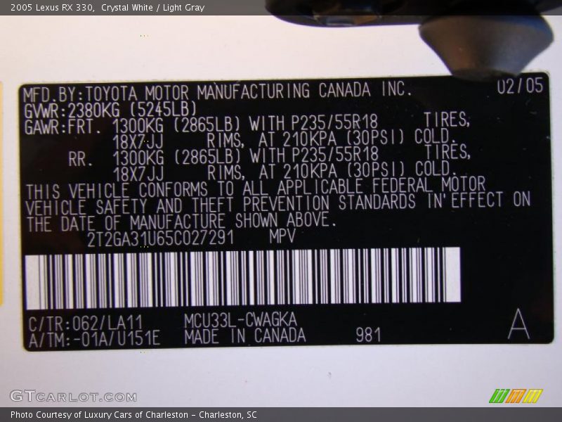 Crystal White / Light Gray 2005 Lexus RX 330