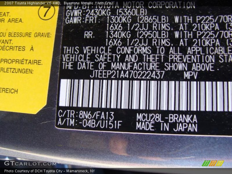 Bluestone Metallic / Ash Gray 2007 Toyota Highlander V6 4WD