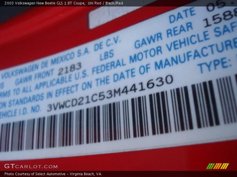 Uni Red / Black/Red 2003 Volkswagen New Beetle GLS 1.8T Coupe