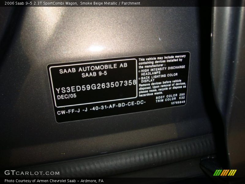 2006 9-5 2.3T SportCombi Wagon Smoke Beige Metallic Color Code 295