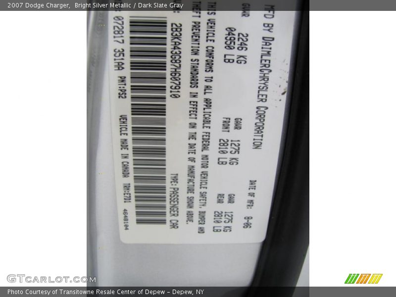 Bright Silver Metallic / Dark Slate Gray 2007 Dodge Charger