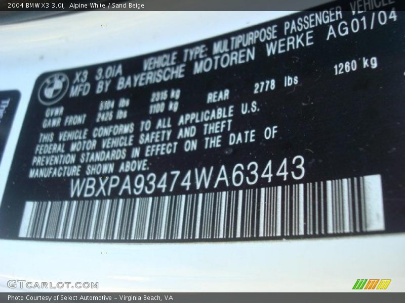 Alpine White / Sand Beige 2004 BMW X3 3.0i