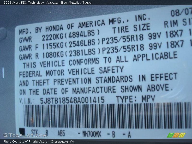 Alabaster Silver Metallic / Taupe 2008 Acura RDX Technology