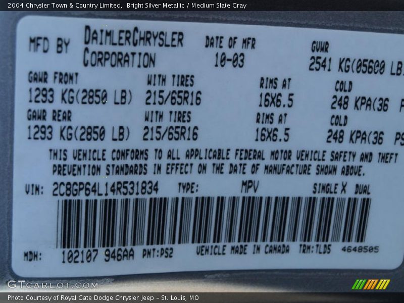 2004 Town & Country Limited Bright Silver Metallic Color Code PS2