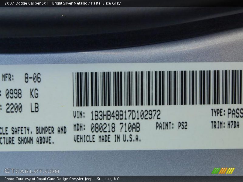 Bright Silver Metallic / Pastel Slate Gray 2007 Dodge Caliber SXT