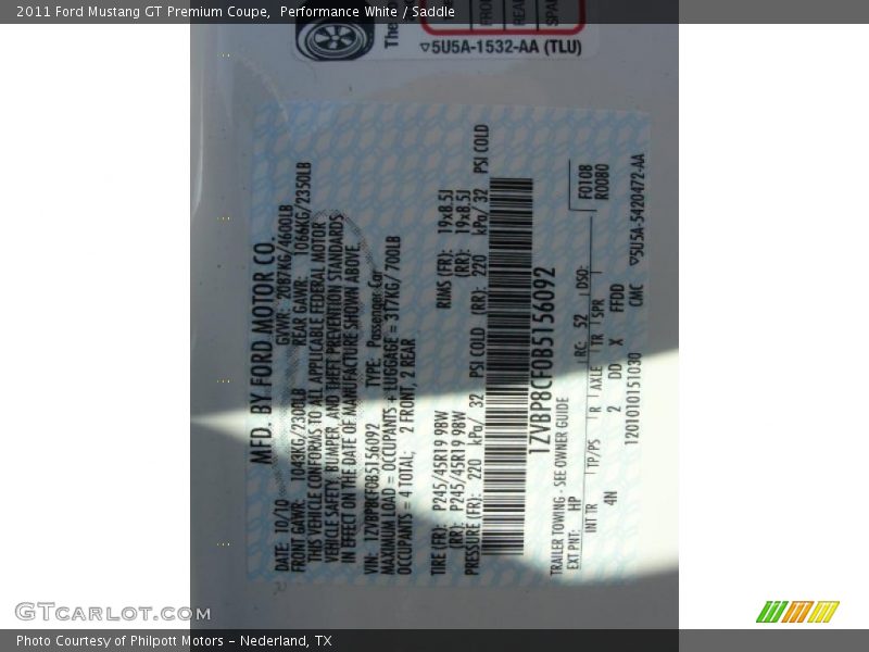 2011 Mustang GT Premium Coupe Performance White Color Code HP