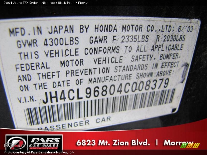 Nighthawk Black Pearl / Ebony 2004 Acura TSX Sedan