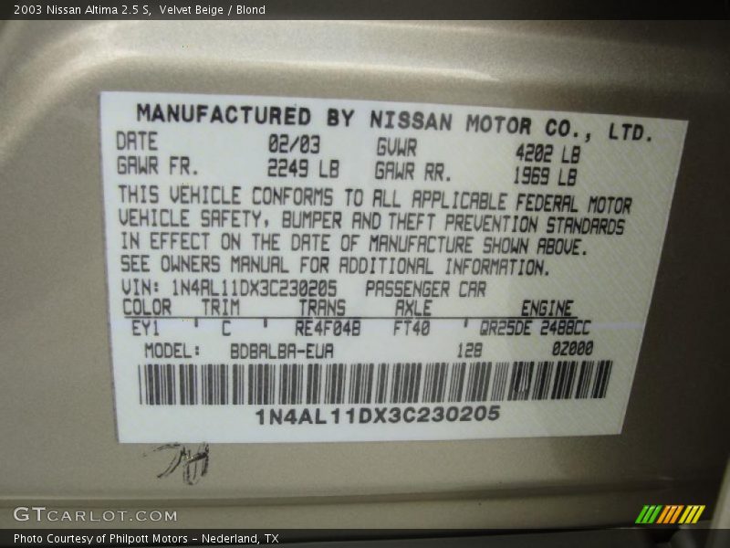 Velvet Beige / Blond 2003 Nissan Altima 2.5 S