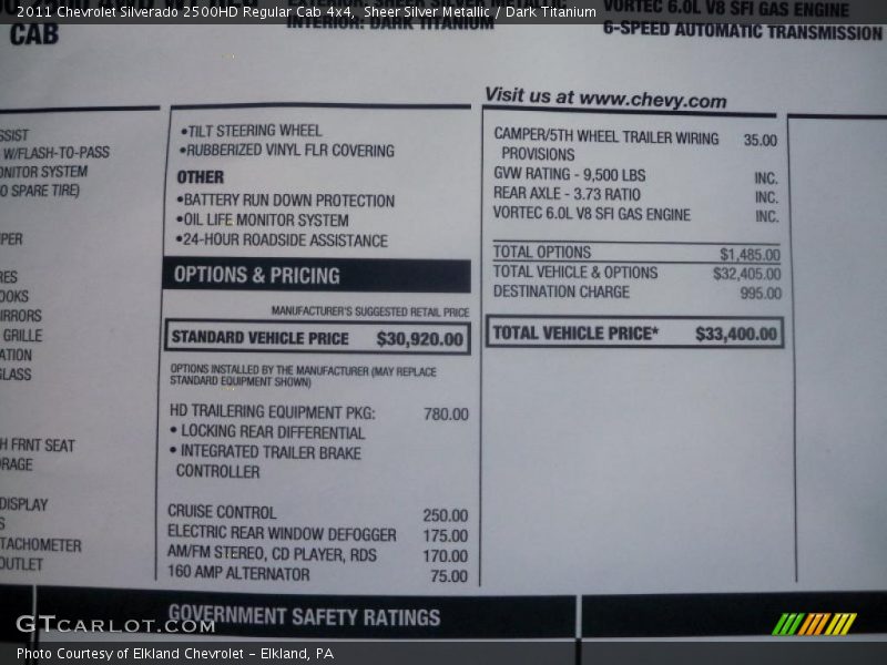  2011 Silverado 2500HD Regular Cab 4x4 Window Sticker