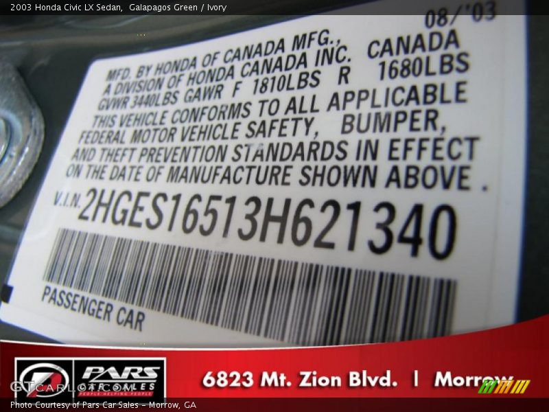 Galapagos Green / Ivory 2003 Honda Civic LX Sedan