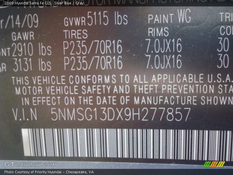 Silver Blue / Gray 2009 Hyundai Santa Fe GLS