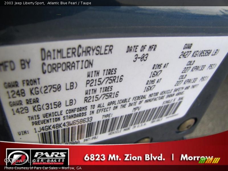 Atlantic Blue Pearl / Taupe 2003 Jeep Liberty Sport