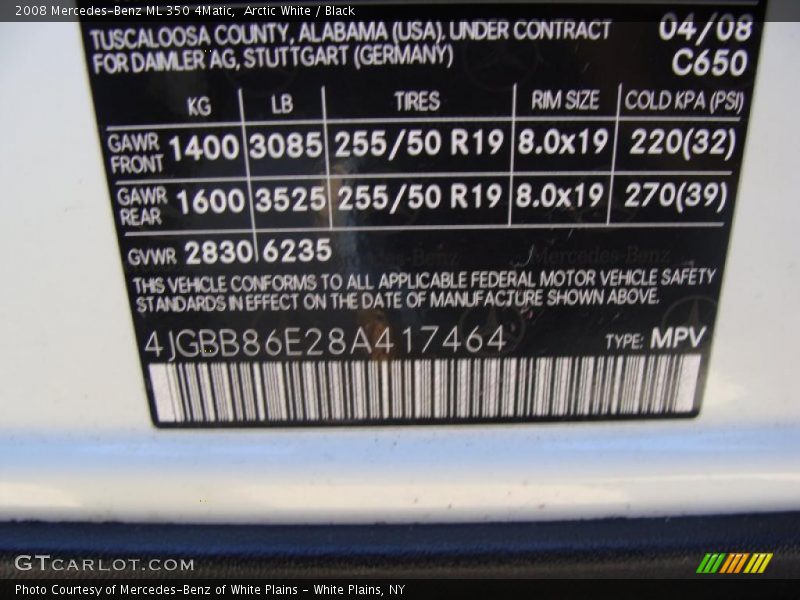 Arctic White / Black 2008 Mercedes-Benz ML 350 4Matic