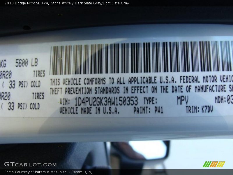 2010 Nitro SE 4x4 Stone White Color Code PW1