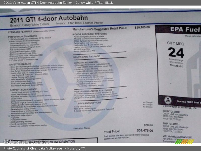  2011 GTI 4 Door Autobahn Edition Window Sticker