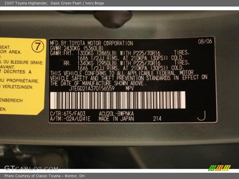 Oasis Green Pearl / Ivory Beige 2007 Toyota Highlander