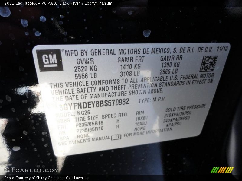 Info Tag of 2011 SRX 4 V6 AWD