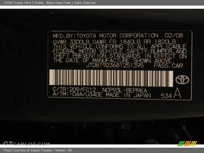 Black Sand Pearl / Dark Charcoal 2008 Toyota Yaris S Sedan