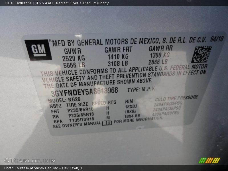 Radiant Silver / Titanium/Ebony 2010 Cadillac SRX 4 V6 AWD