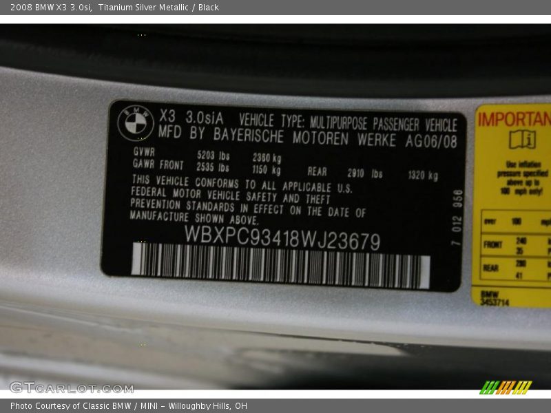 Titanium Silver Metallic / Black 2008 BMW X3 3.0si