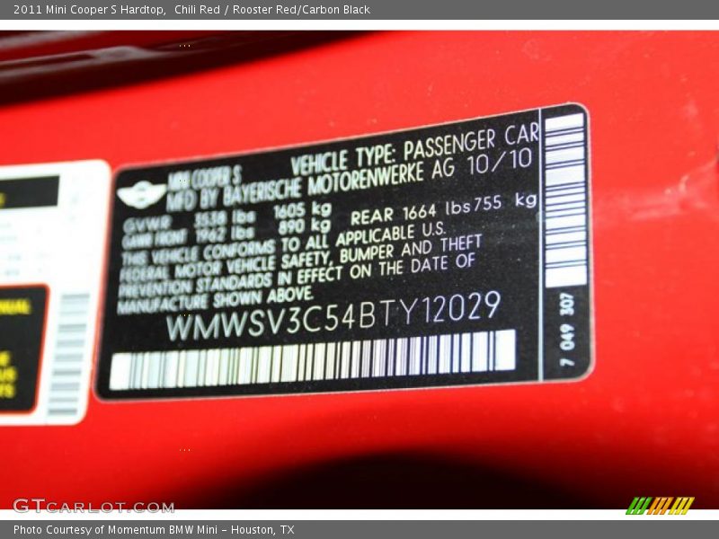 Chili Red / Rooster Red/Carbon Black 2011 Mini Cooper S Hardtop