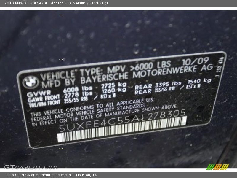 Monaco Blue Metallic / Sand Beige 2010 BMW X5 xDrive30i
