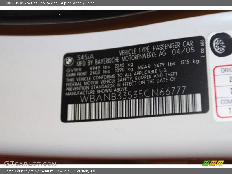 Alpine White / Beige 2005 BMW 5 Series 545i Sedan
