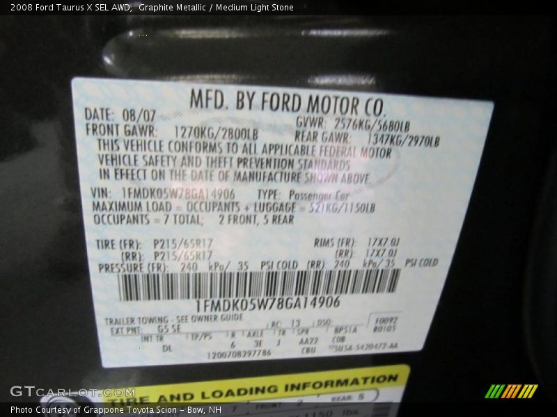 2008 Taurus X SEL AWD Graphite Metallic Color Code G5