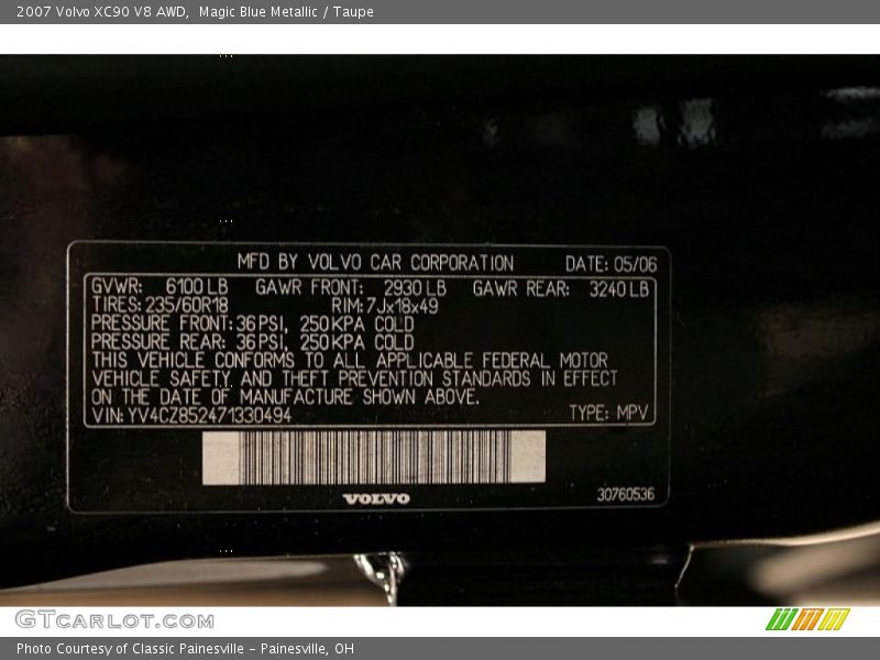 Info Tag of 2007 XC90 V8 AWD