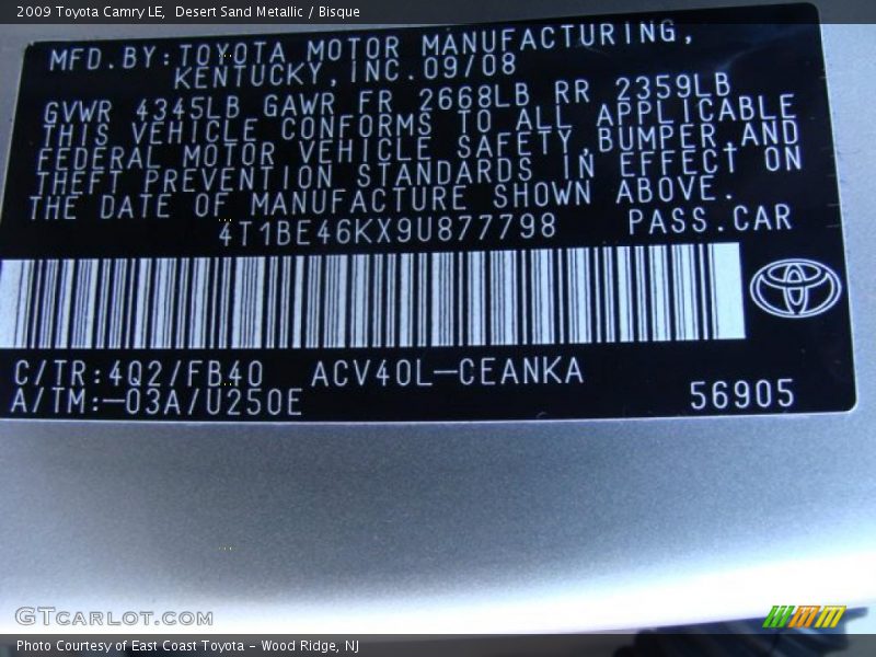 Desert Sand Metallic / Bisque 2009 Toyota Camry LE