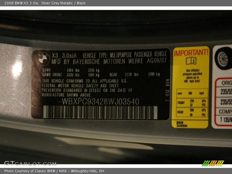 Silver Grey Metallic / Black 2008 BMW X3 3.0si