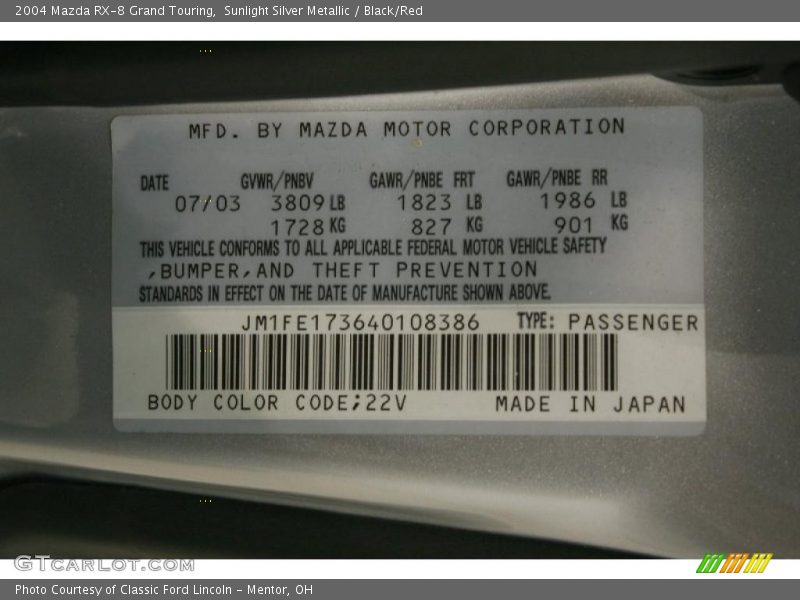 2004 RX-8 Grand Touring Sunlight Silver Metallic Color Code 22V