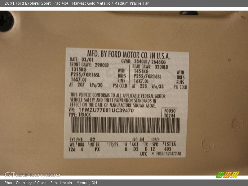 2001 Explorer Sport Trac 4x4 Harvest Gold Metallic Color Code B2