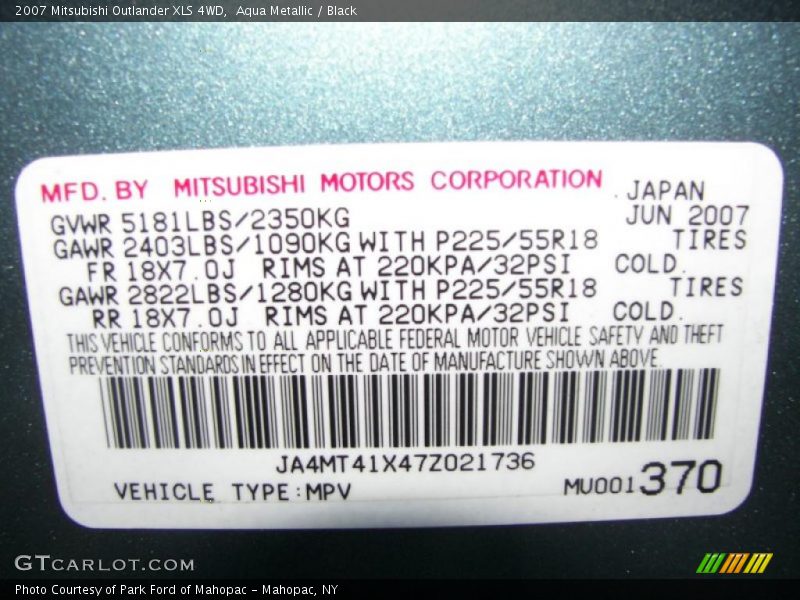 Aqua Metallic / Black 2007 Mitsubishi Outlander XLS 4WD