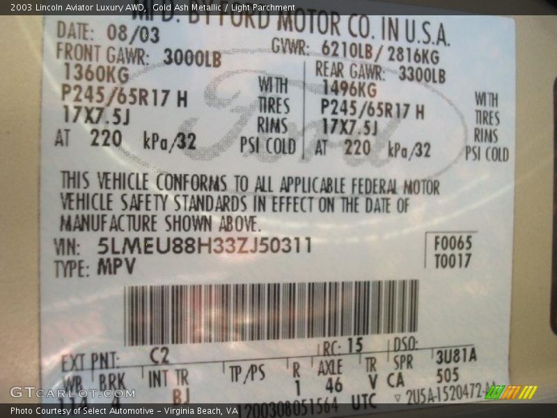 2003 Aviator Luxury AWD Gold Ash Metallic Color Code C2