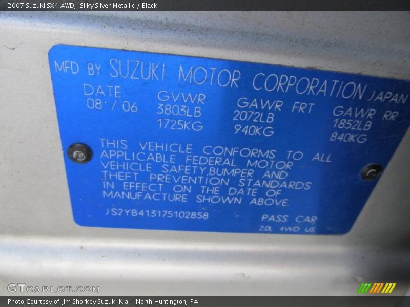 Info Tag of 2007 SX4 AWD