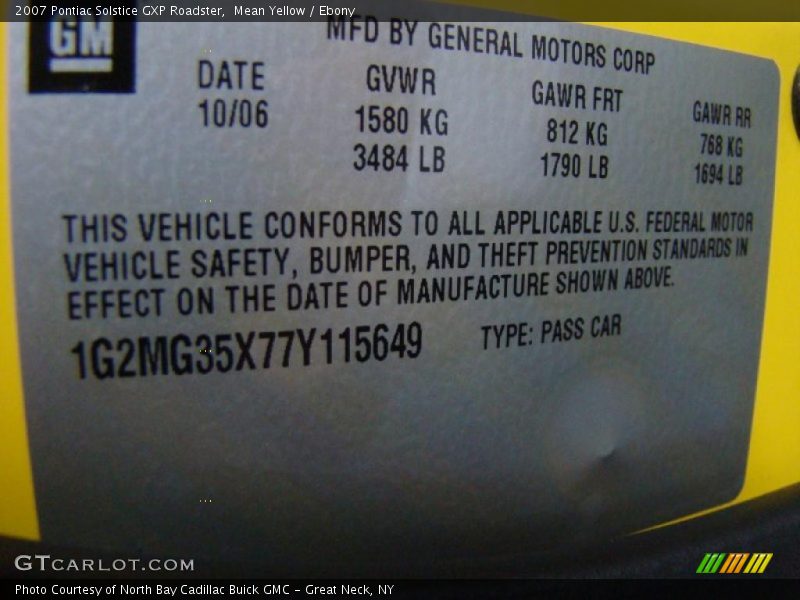 Info Tag of 2007 Solstice GXP Roadster